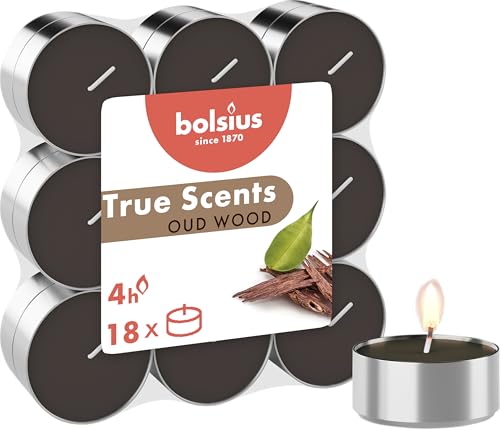 Bolsius True Scents – 18 Teelichter – Oud Wood – Brenndauer: 4...