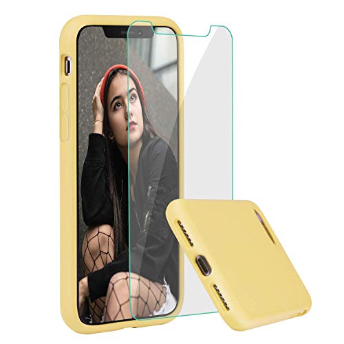 ProBien Case for iPhone X/XS, Liquid Silicone Full Protective Cover with Tempered Screen Protector Shockproof Durable Shell Compatible for iPhone X/iPhone Xs 5.8 Inch 2018 Released-Light Yellow