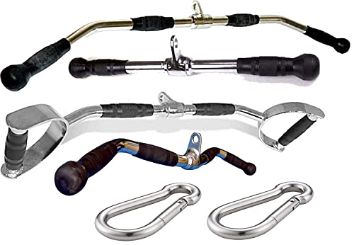 Image of Gyming World Combo Gym Attachments Set - LAT Pull Down Bar, Hi Pulley Bar, Zigzag Handle, Tricep Handle Cable Machine Accessories with Safety Locks - Home Gym Equipment