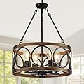15.7'' Farmhouse Chandeliers for Dining Room, 4-Light Industrial Metal Hanging Light Fixture, Rustic Drum Pendant Lights for Bedroom, Foyer, Entryway, Kitchen Island, Black and Vintage Wood Texture