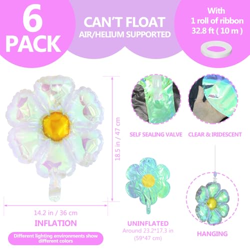 Image of Iridescent Crystal Daisy Flower Balloon, Lovely 6 Pack Transparent Rainbow Groovy Daisy Floral Balloons For Bridal Shower Wedding Birthday Baby Shower Gender Reveal Party Decoration Supplies