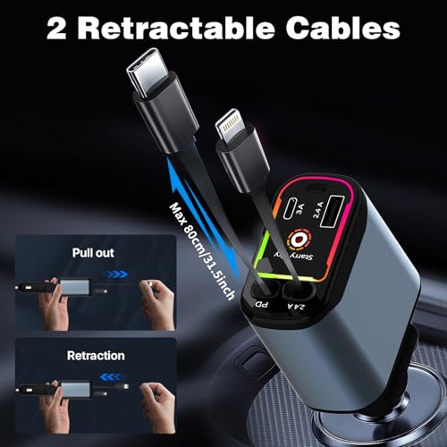Image of Starlight Retractable Car Charger,66W Fast Car Chargers Adapter 4 in 1 with 2 USB Car Chargers for Phone iPhone 16 /15 /14 /13 /12 /11 and for Android