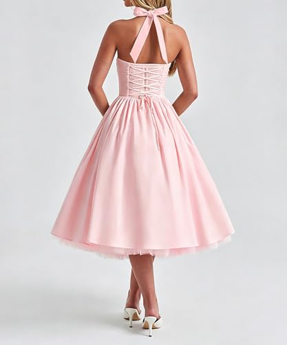 Image of Women Summer Halter Dress Low Cut Sleeveless A Line Tulle Swing Flowy Tea Length Dress Corset Prom Formal Ball Gowns
