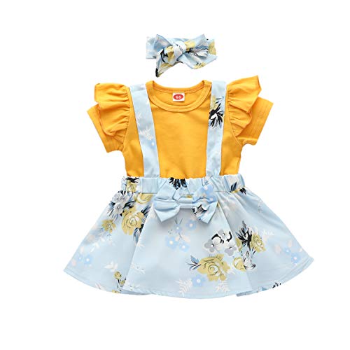 Toddler Baby Girl Suspender Skirt Sets Newborn Floral Ruffle Short Sleeve Shirt Suits 3pcs Summer Clothes Outfits Yellow