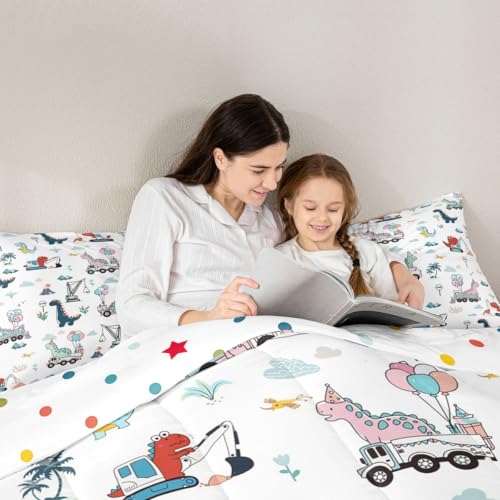 Image of Feelyou Cartoon Dino Excavator Comforter Set Twin Size,Cartoon Car Dinosaur Construction Kids toddler Vehicles Site Cars Duvet Microfiber Quilt