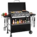 Royal Gourmet PD4001 4 Burner Propane Gas Griddle with Removable Standing Cart, Convertible to Tabletop Design, Flat Top Grill with Hood for Camping, Tailgating, Backyard, Black