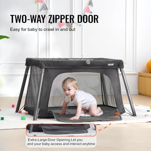 Image of VEVOR Baby Travel Crib and Play Yard, Folding Baby Playpen with Zipper Gate & Soft Mattress, Portable Toddler Crib with Breathable Mesh, Travel Bag, Indoor /Outdoor Kids Activity Center for 0-36 Months