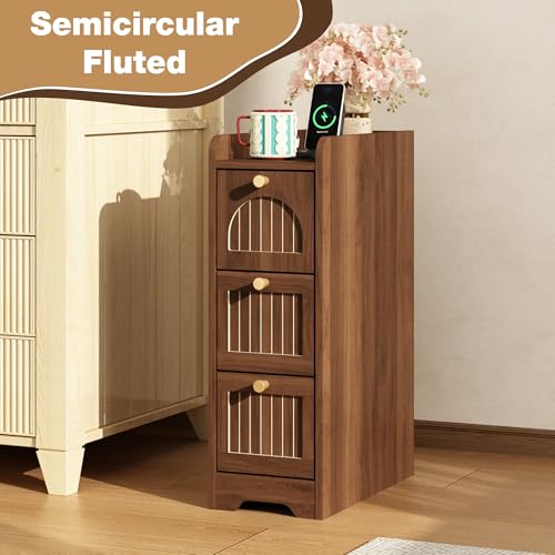 Image of 7.87 inch Narrow Nightstand Set of 2, Fluted Slim Bedside Table with 2 Drawers, Mid Century Modern Small End Table with Gold Metal Handles, for Bedroom, Living Room & Small Spaces - Walnut