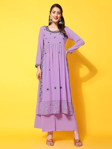 Image of PH POSHAKHUB Women A-Line Nyra Cut Kurta with Sharara in Georgette with Aari Work