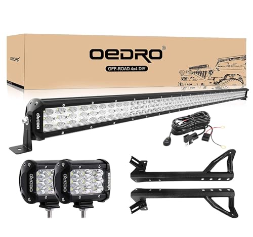 Image of OEDRO 52 Inch LED Light Bar w /2Pcs 4 inch Spot Off Road Driving Light Pods | 758W 66430LM Tri-Row Combo Beam w /Wiring Harness & Upper Roof Windshield Mounting Bracket Fit for 07-18 Jeep JK Wrangler