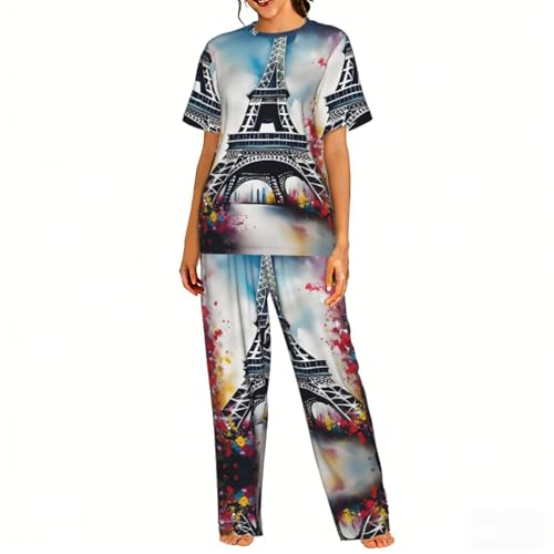 Ensemble pyjama doux femme Tour Eiffel peinture artistique