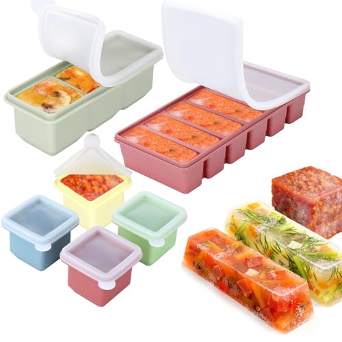 Rusokufo Silikon Eiswürfelform mit Deckel Set 6-teilig 4×125 ml Einzelportionen 3×125 ml Verbundform & 6×100 ml Gefrierform BPA-frei Portionsbehälter für Suppe Soße Brühe & Meal Prep