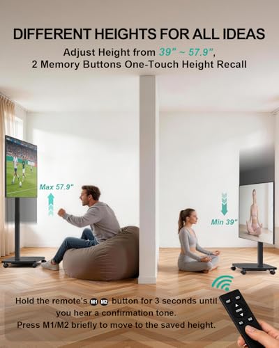 Image of WALI Motorized Rolling TV Stand Lift on Wheels, Electric Height Adjustable Television Stand Mount with Remote for 32-75 inch TVs up to 110 lbs, Mobile TV Cart with Wood Base for Bedroom(TVDVD-7ER), Black