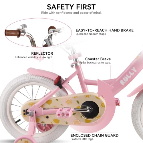 Image of RULLY Fruit Kids Bike 12 14 16 Inch Bicycle for Girls Ages 2-7 Years, Training Wheels Included, Girl Bikes with Basket & Doll Seat
