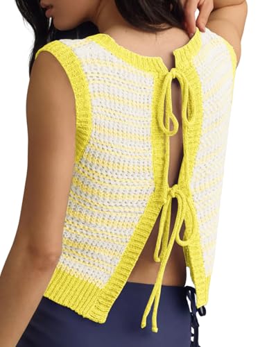 Image of Yousify Womens Short Sleeve Summer Tops Tie Back Sweaters Vest Dressy Casual T Shirt Lightweight Pullovers Yellow L
