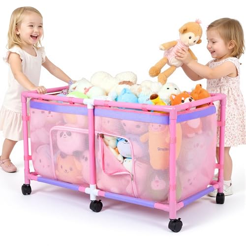 FIOBEE Toy Box for Girls Boys with See-Through Mesh & 360 Rotating Wheels Toy Chest Organizer Easy Install Stuffed Animal Storage for Nursery Playroom Toy Storage Bin Pink
