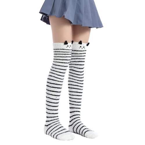 Image of Thigh High Fuzzy Socks Cute Animal Coral Fleece Over the Knee Thigh High Long Stockings Warm Stripe