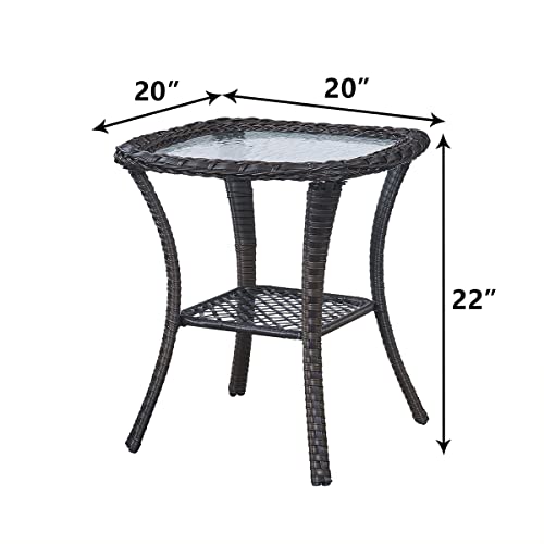 HUMMUH Patio Wicker Side Table Outdoor, Rattan End Table Glass Top