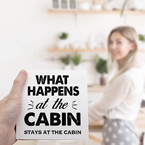 What Happens At The Cabin Stays At The Cabin Camping Wood Plaque Sign Desk Decor,Farmhouse Camping Quote Wood Block Sign Desk Decorations For Home Cabin Camper Rv Desk Shelf Table Decor #TOP5