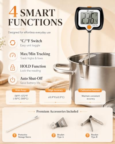 Image of Digital Candy Thermometer with 180 Rotating LED Screen, 304 Stainless Steel Probe, Heat Shield, 2 Pot Clips, Accurate Sugar & Deep Fry Thermometer - Black