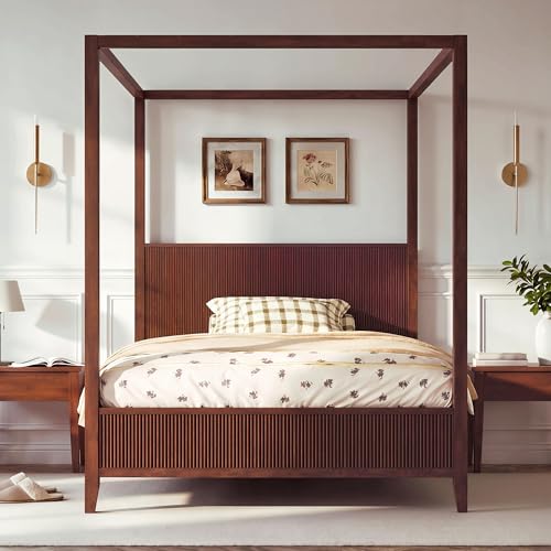 Merax King Size Canopy Bed with Headboard, Fluted Wooden Platform Bed with Wood Support Slats, No Box Spring Needed, Espresso