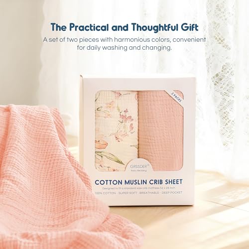 Image of GRSSDER 100% Cotton Muslin Crib Sheet 2 Pack - Breathable & Ultra-Soft Fitted Crib Sheets for Standard Baby & Toddler Mattresses, 52 inchx28 inch with 9 inch Deep Pocket, Snug Fit All-Around Elastic, Pink Floral
