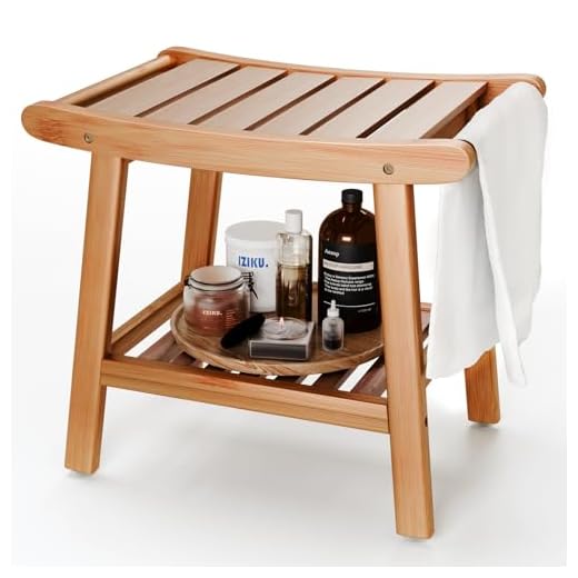 Bamboo Shower Stool, 2-Tier Bath Stool Shower Seat with Storage Shelf and Non-Slip Feet, Corner Bath Bathroom stool with Starage Shelf for Inside Small Shower Spaces