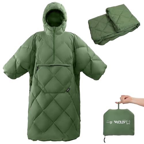 ATEPA Wearable Sleeping Bag Blanket Poncho Recycled Insulated Water-Resistant Camping Poncho with Hood Ultralight Packable Stadium Sack for Hiking Fishing Backpacking BBQ & Outdoor Sports Green
