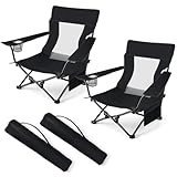 HaSteeL Folding Beach Chair Set of 2, Foldable Black Camping Chairs for Outside, Low Beach Chair Portable for Adults Fishing, Picnic, Outdoor BBQ, Travel, Sports, Cup Holder & Storage Bag