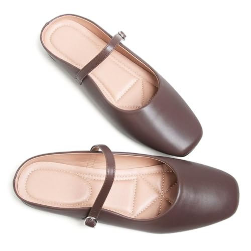 Image of TN TANGNEST Leather Flats for Women Retro Mary Jane Flats | Comfortable Square Toe Slip On Flats with Buckle Strap, Soft Work Flats Office Shoes