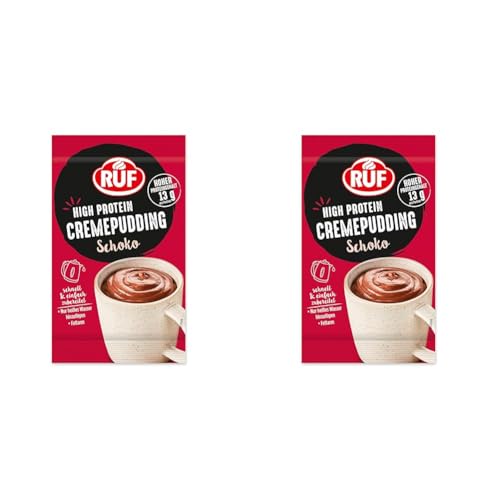 RUF High Protein Cremepudding Schoko, Schoko-Pudding aus der Tasse mit 13g Protein pro Portion, einfache Zubereitung ohne Kochen, glutenfrei, 1 x 59g (Packung mit 2)