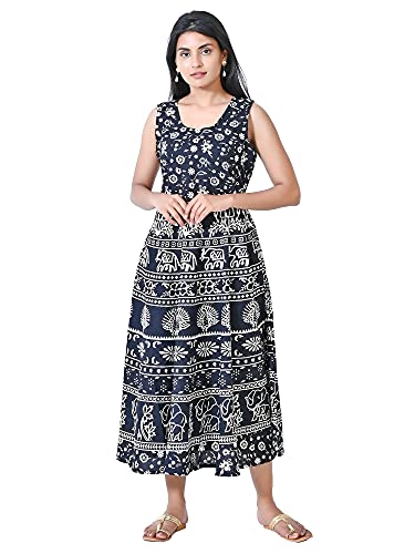 Image of Women's Cotton Printed Traditional Long Midi Maxi Kurti /One Piece Dress (Black Hathi,)