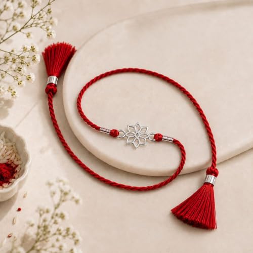Image of AIRA 925 Sterling Silver Premium Designer Bracelet Rakhi for Brother | Handmade Raksha Bandhan Sacred Thread with Silver-Tone Geometric Charm & Adjustable Red Braided Cord | Traditional Festival Rakhi Gift