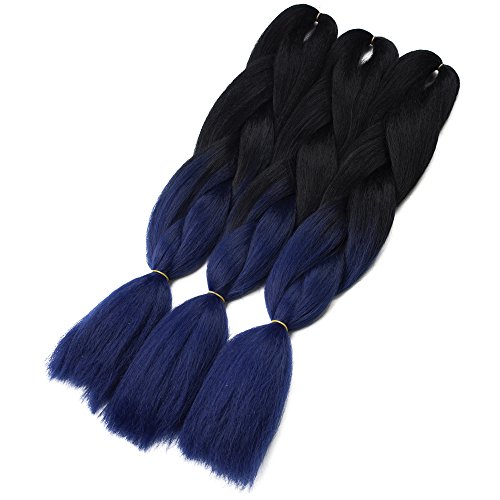 Synthetic Yaki Straight Ombre Jumbo Braiding Hair Extensions High Temperature Fiber Crochet Braids Hairstyles (Black Dark Blue)