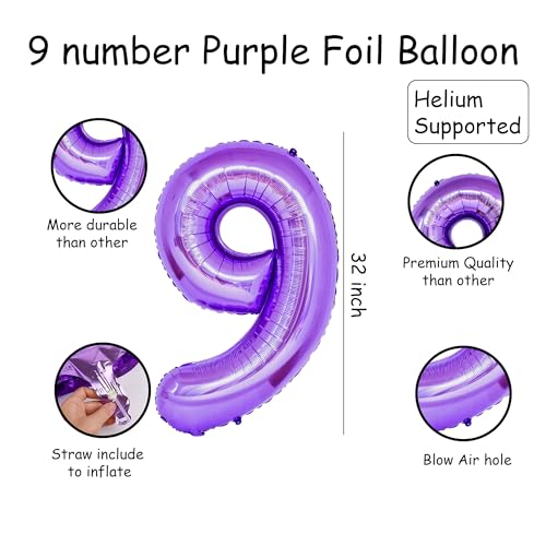 Image of Purple 9 Number Foil Balloon with Crown & Base Balloons | 32 Inch Helium Supported for Birthday, Anniversary, Baby Shower Decoration - Pack of 14