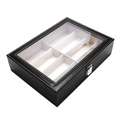 Boîte de Montre,Boîte de Rangement 8 Slots Boîte de montre Hommes Cuir Noir Affichage Verre Top Yeyeglasses Sunglasses Lunettes de soleil Display Boîte Case Faux En Cuir Bijoux Organisateur Montre Bij Cover