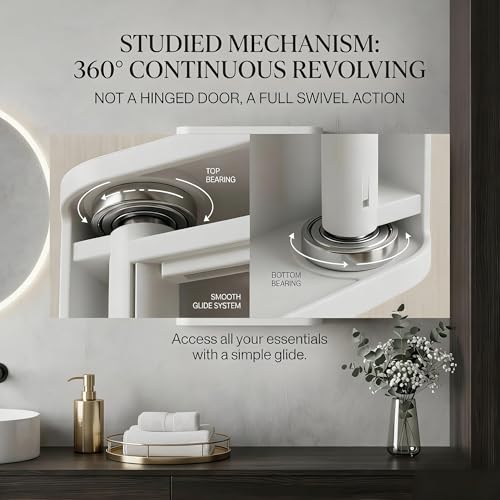 Image of 360 Revolving Bathroom Mirror Cabinet - Wall Mounted Storage Organizer with Hidden Shelves, White, 42x22x15 cm - Ideal for Small Bathrooms, Grooming, Makeup & Shaving (No-Drill Install)