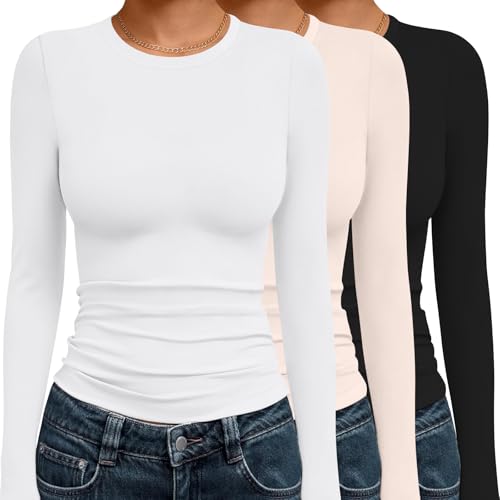 Ekouaer 3 Pack Long Sleeve Tops for Women Crew Neck Thermal Shirts Fitted Vintage T-Shirts with Side Shirring Black+White+Beige L