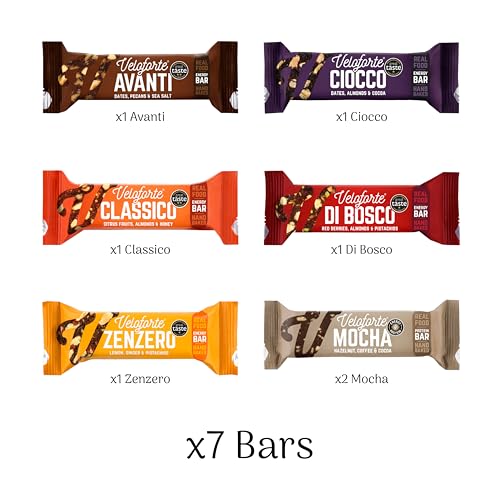 Veloforte Mixed Energy Bars - 100% Natural Healthy Sports Performance, Balanced Protein & Carbs, Great Taste Award Winners, Dairy-Free, Gluten-Free, Vegetarian (7 Bars)