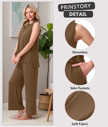 Image of PrinStory Womens Pajamas Sets 2 Piece Soft Pjs for Women Sleeveless Pajama Set Summer Loungewear with Pockets