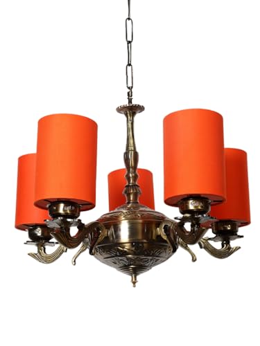 Image of Devansh 05 Lights Orange Round Cotton Shade with Antique Golden Chandelier