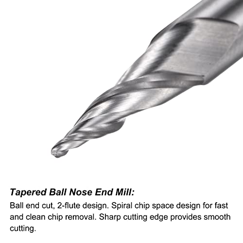Image of uxcell Tapered Ball Nose End Mill, Uncoated Solid Carbide 2 Flute Spiral Milling Cutter, 0.5mm Radius, 1mm Diameter, 6mm Shank, 45mm Length, 20 Degree Angle
