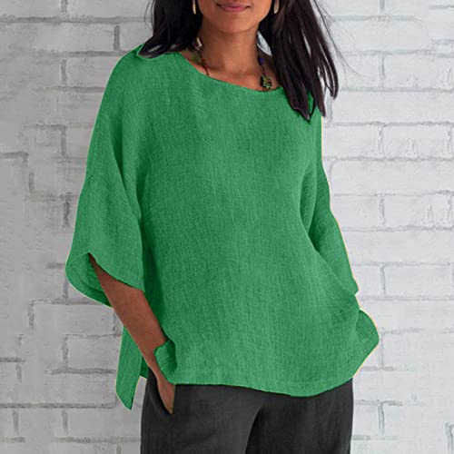 I-158 Lime Green Teen Girls Casual Tops 3/4 Length Sleeve Blouses for Women Crewneck Faux Linen Loose Fit Long Plain Summer Fall Shirts 2025 Clothing Trendy XL2