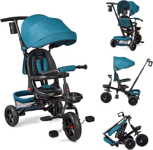 Triciclo de bebé escalable 6 en 1 con asiento giratorio 360°, parasol y pedal – Bicicleta cochecito infantil de 10 meses a 5 años (hasta 25 kg)