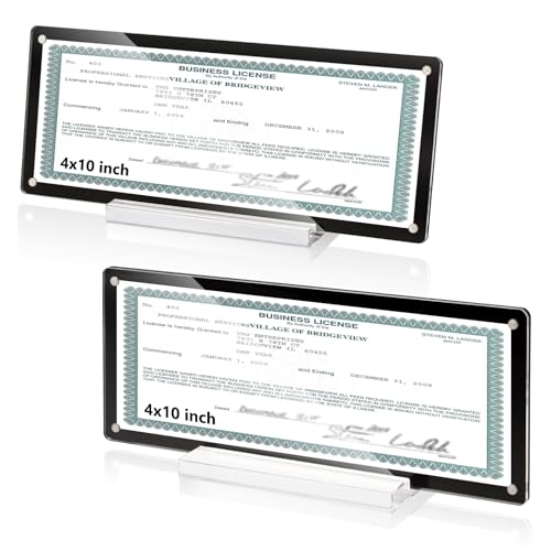 2 Pack 4x10 Business License Holder Magnetic Acrylic Business License Display Frame with Base Black Business License Certificate Frame Tabletop for Desk Office House