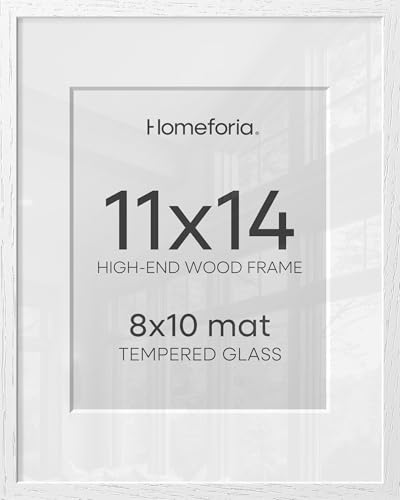 Image of Homeforia White Frame 11x14 Wood, High End Oak 11x14 Picture Frames with Mat 8x10, 11 x 14 White Wooden Poster Frame Matted to 8 x 10 inch Photo, 14by11 Thin Frames, Tempered Glass, Wall Kit, Set of 1