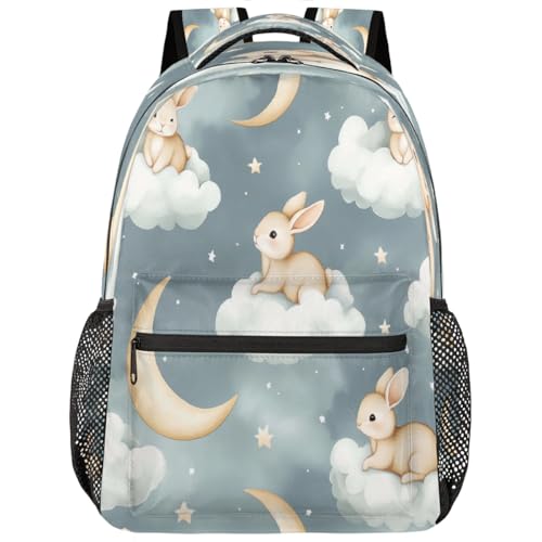 Cartoon Rabbits Clouds Moon Kids Backpack, Lightweight School Bookbag Large Capacity Laptop Backpack Water Resistant Daypack Shoulder Bag for Teenager Boys Girls