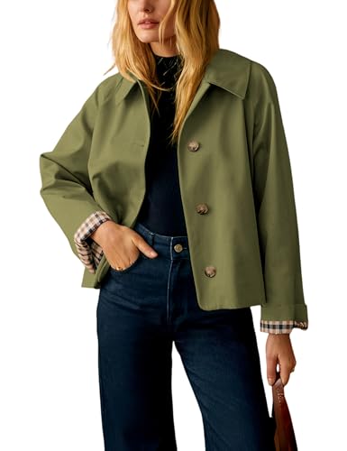 Dqbeng Womens Cropped Trench Coat Classic Collar Oversized Casual Jackets with Checkered Lining (Green-L)