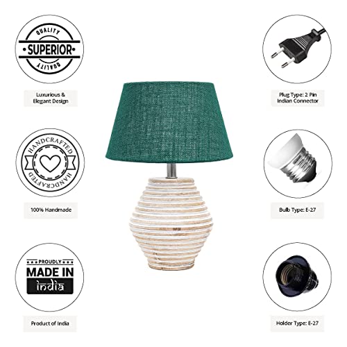 Image of PineCraft International Atury Table Lamp with Shade Night Lamp for Living Room, Study Room, Bedroom & Home Decor Gift Item 14 inch Height Wooden Study Lamp with Dark Green Shade