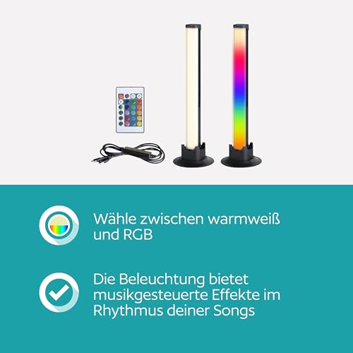 EGLO 2er Set LED Leuchten Gaming Zimmer, bunte Tischlampen mit Lichteffekten, Zimmer Deko Party, Lampe musikgesteuert, inkl. Fernbedienung, USB, warmweiß und RGB, Schwarz